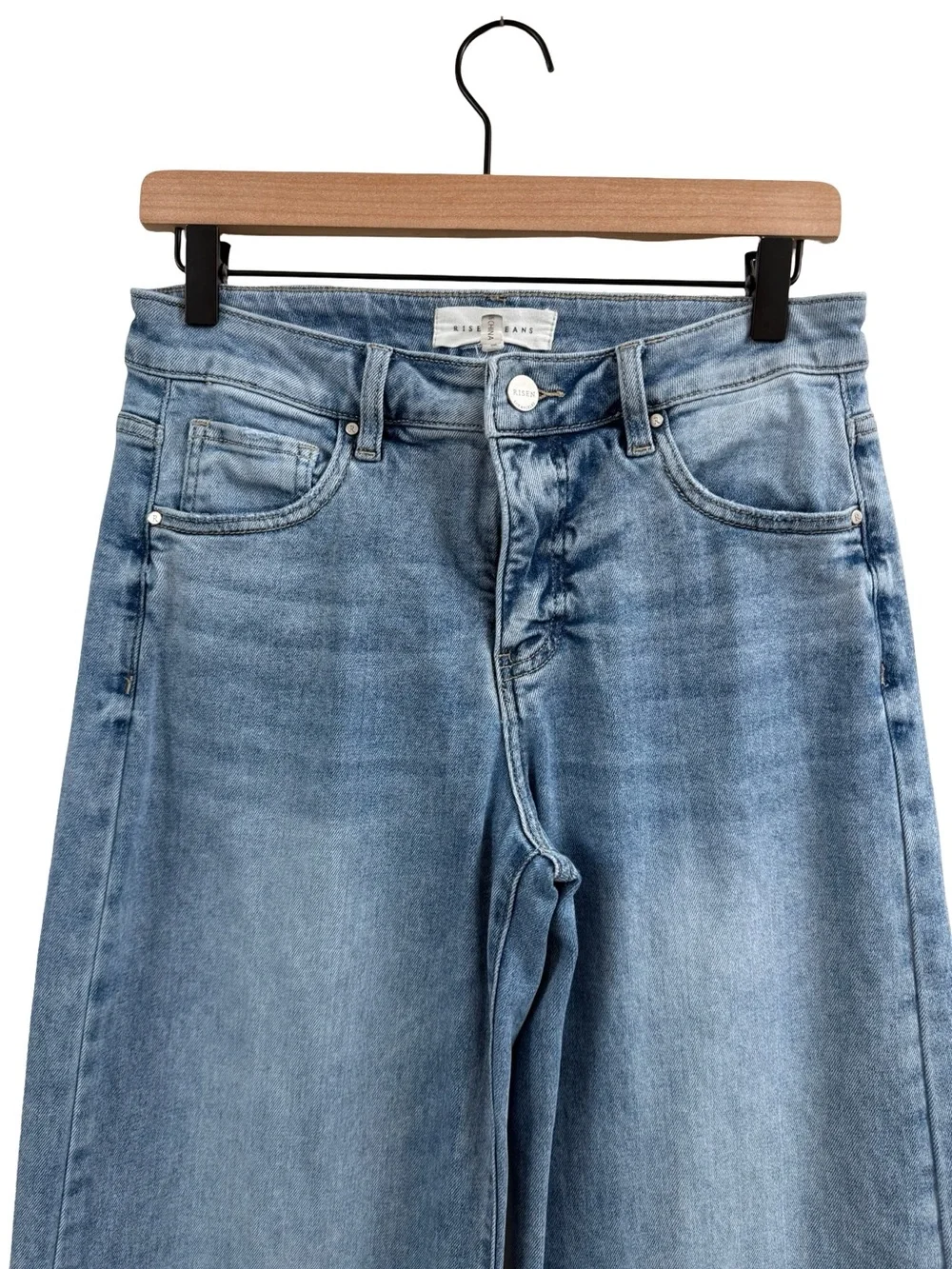 Risen Wide Leg Frayed Hem Jeans in Light Blue - Picture 2 of 12